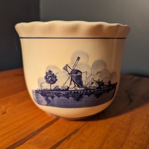 Vintage MCM Windmill Sailboat Ceramic Bowl Planter Container Blue White
